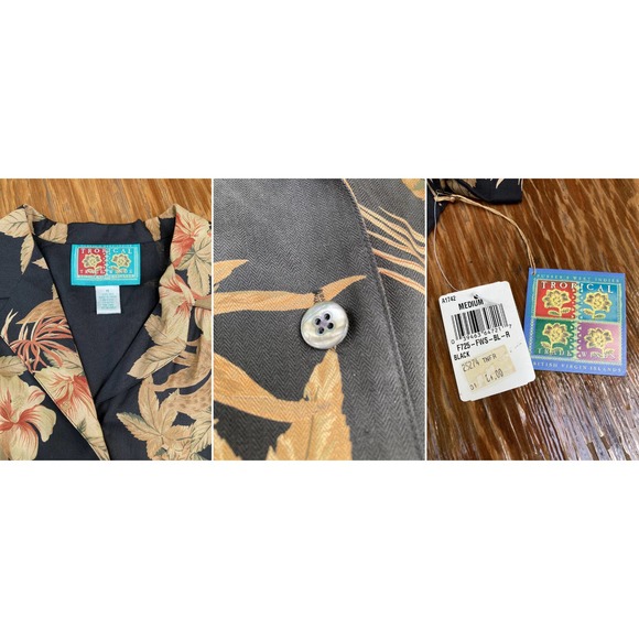 NWT Size M Tropical Trade Winds Hawaiian Aloha Shirt Silk 100% Black Floral - Picture 3 of 3